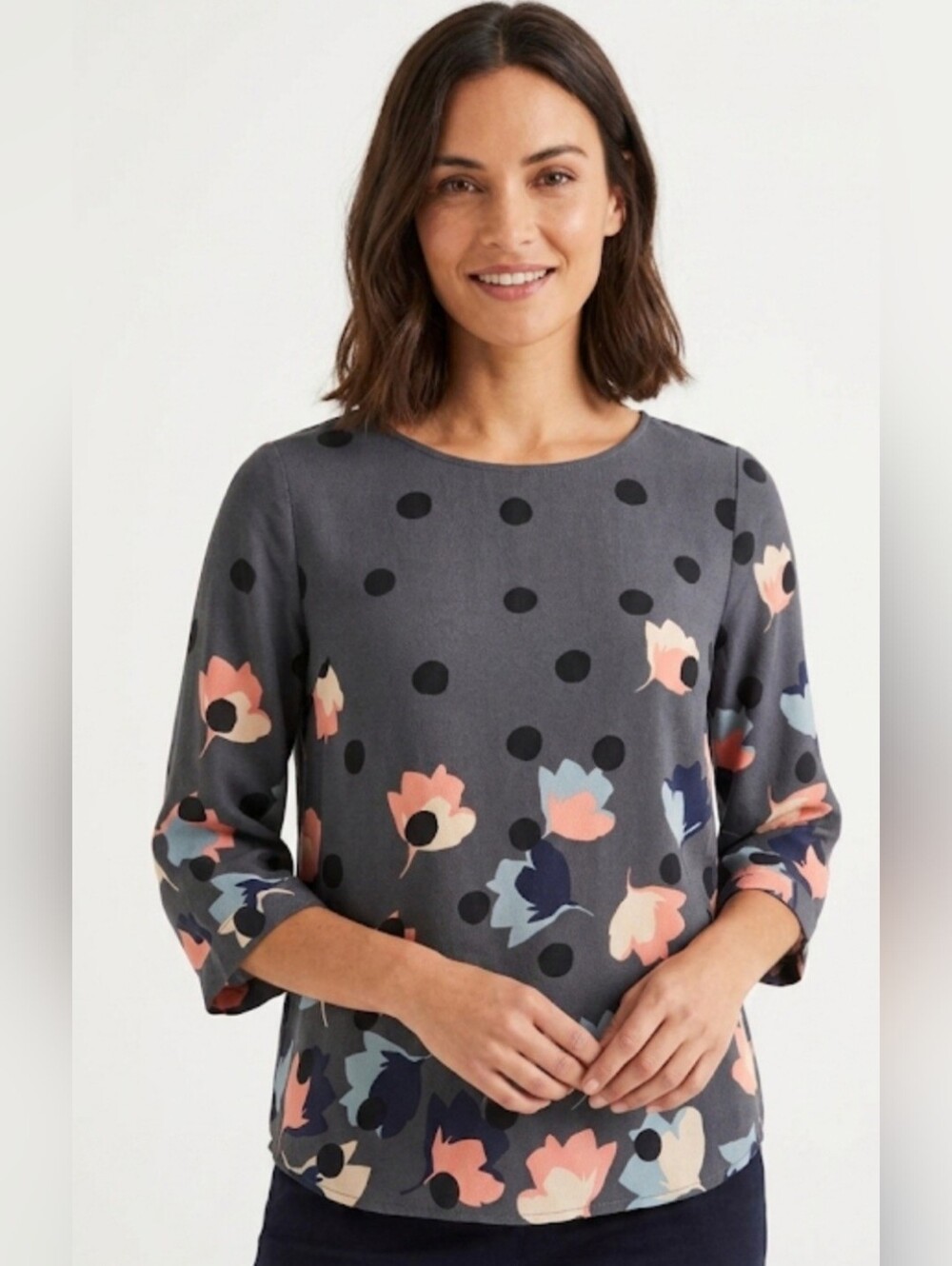 Boden Grey and Pink Floral Polka Dot Blouse, Size 6.
